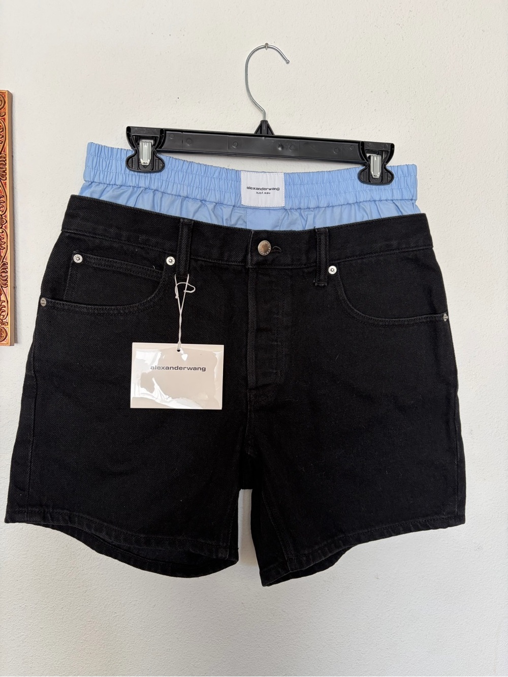 Alexander Wang Black Denim Shorts with Light Blue Elastic Waistband